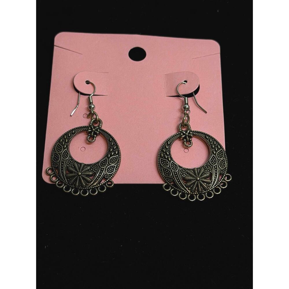 Boho Crescent Drop Earrings – Silvertone Engraved Design